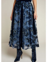 Gonna a pieghe velluto devoré blu – sfilata