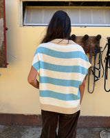 GILET OVERSIZE A RIGHE PANNA E CELESTE indossato da dietro, con righe blu e bianche, su sfondo esterno.