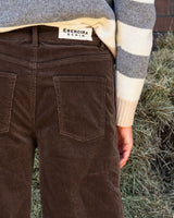 PANTALONE BAGGY IN VELLUTO CASTAGNO shown from the back with a focus on its soft velvet texture and relaxed fit.